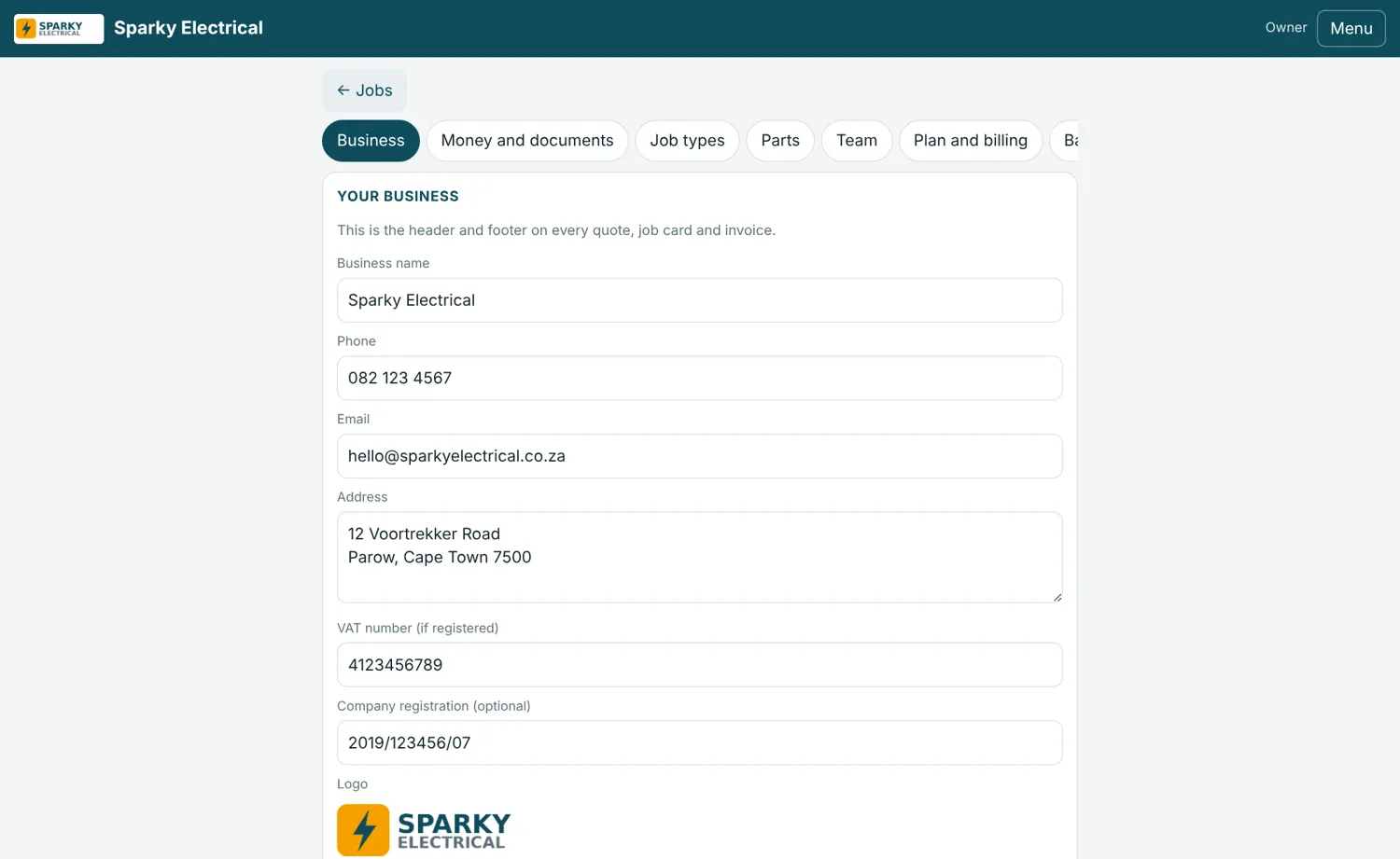 JobCard Pro business settings with logo, address and brand colour