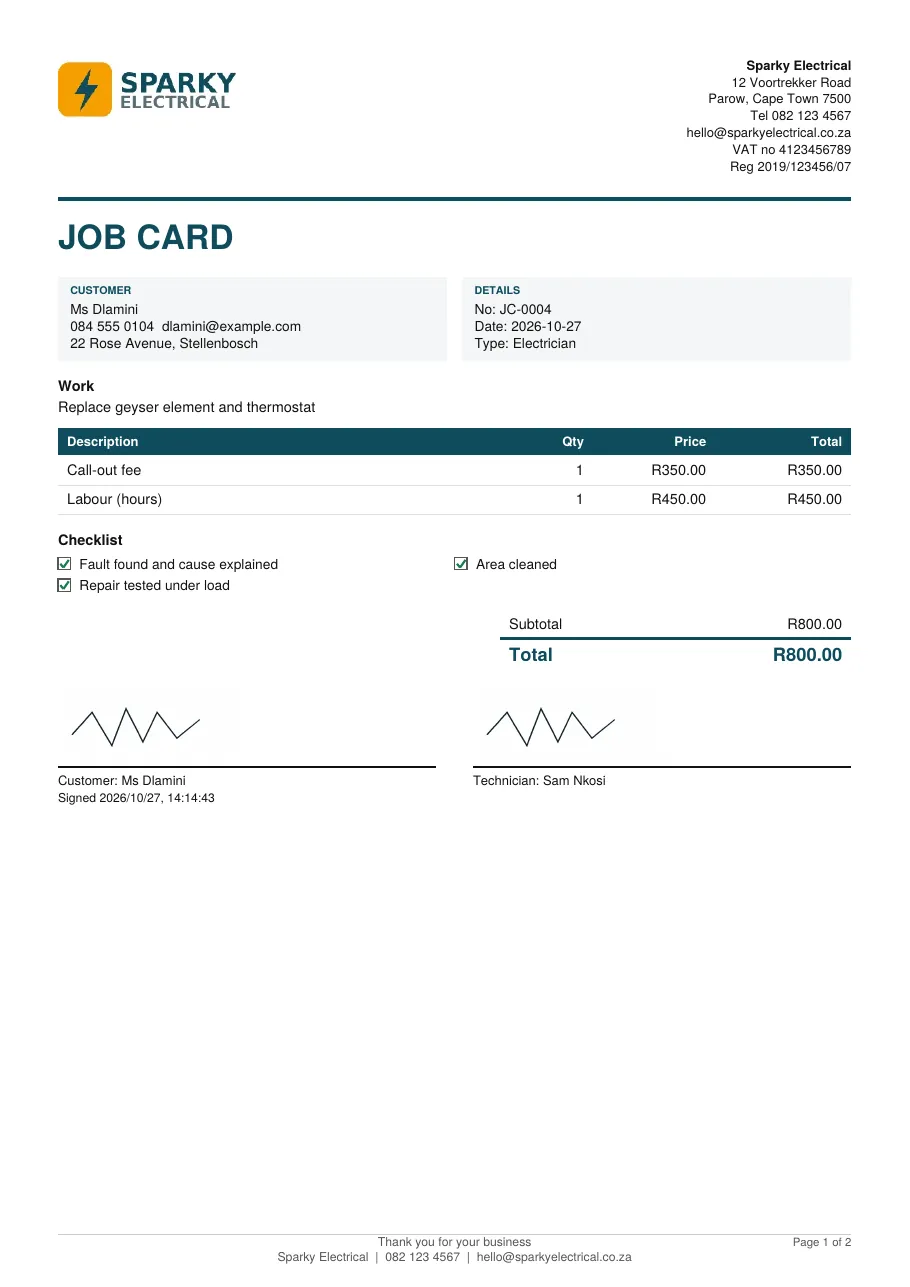 Printed job card with a logo, checklist, totals and two signatures