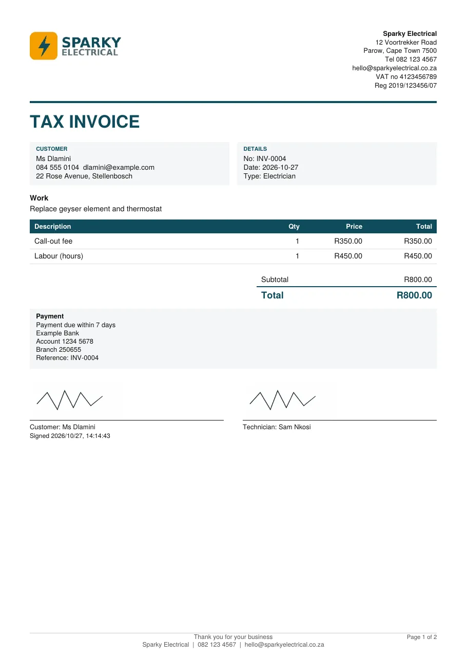 Printed tax invoice with banking details and a payment reference