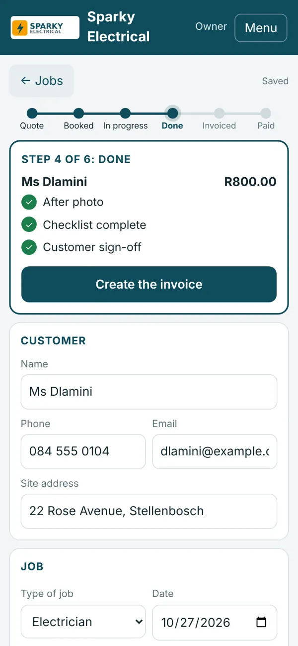JobCard Pro job screen on a phone showing the phases and the next step