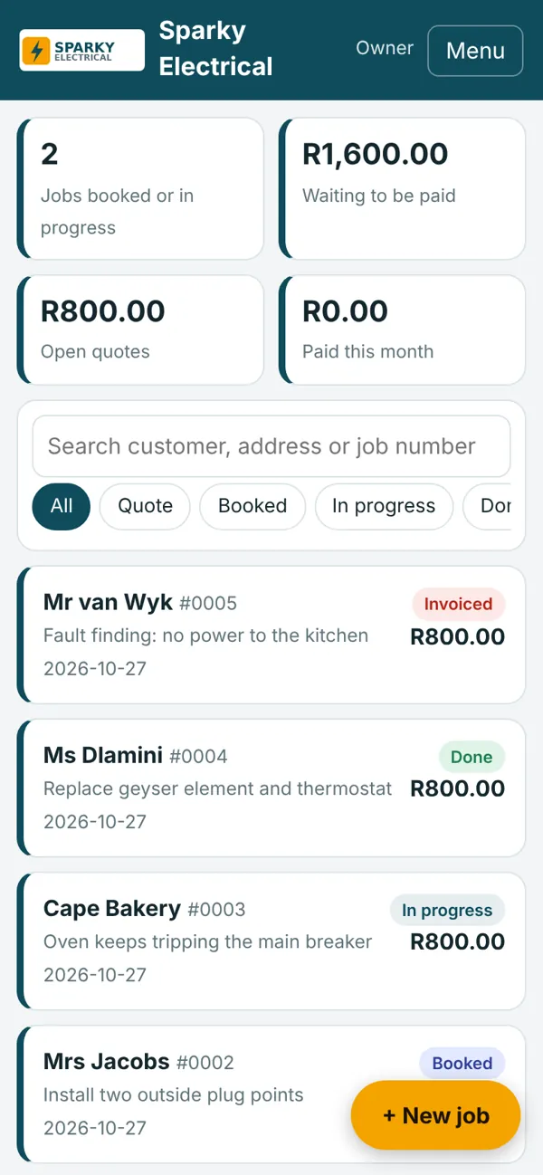JobCard Pro job list on a phone with money owed and jobs in each phase