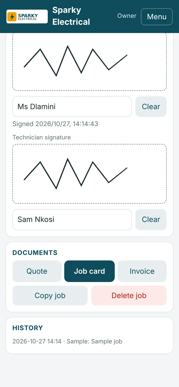 JobCard Pro sign-off screen with a customer signature and a technician signature