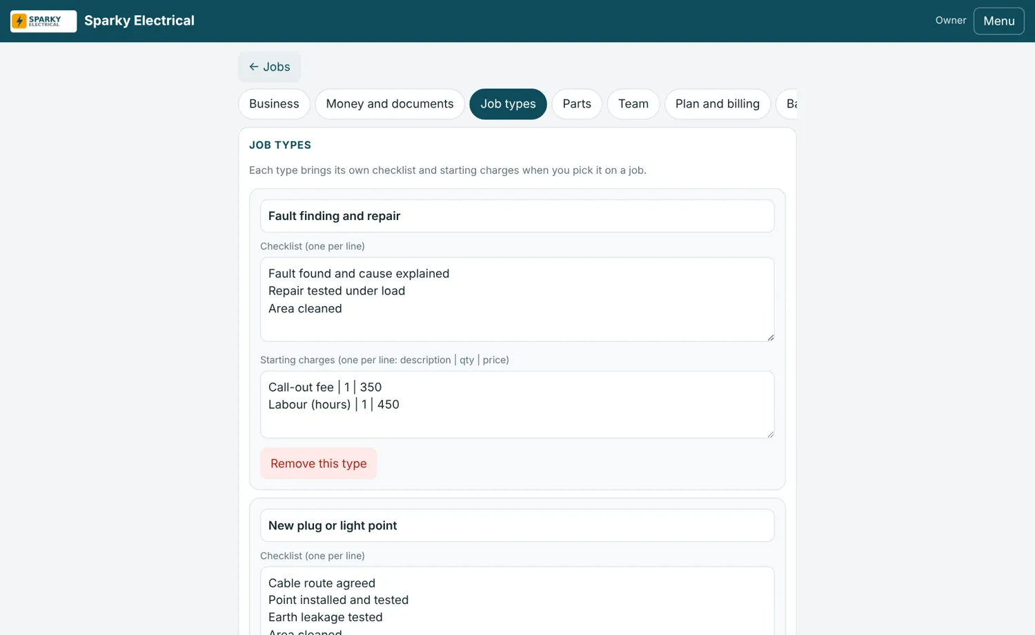 JobCard Pro job type setup with a checklist and starting charges